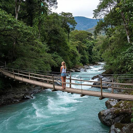 Photograph of a blonde woman in a white tank top and denim shorts standing on a wooden bridge over a turquoise river, surrounded by lush green forest and