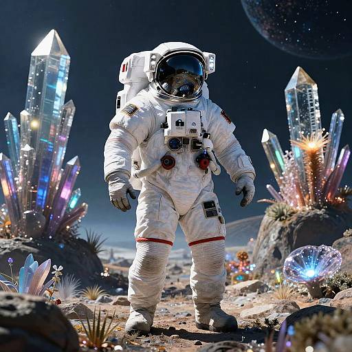 Photorealistic digital artwork of an astronaut in a white spacesuit standing on a colorful, crystal-studded alien landscape with glowing crystals and a distant planet