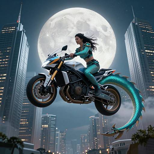 Digital artwork of a dragon-riding woman with glowing teal scales and long black hair, leaping over a city under a full moon. Tall skyscrap