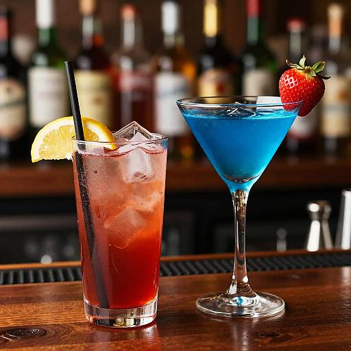 Vibrant Cocktails on Wooden Bar