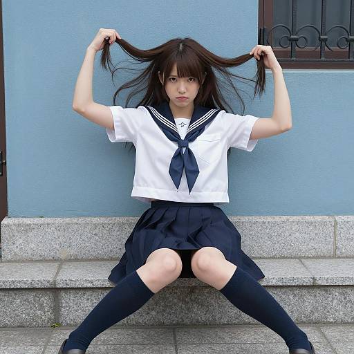 Asian woman in sailor school uniform sitting on steps