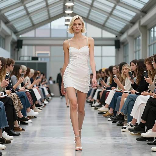 Blonde Model Walking White Mini Dress on Runway