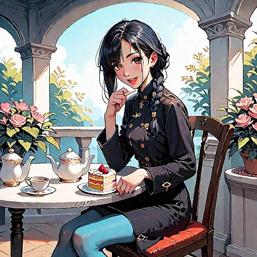 Anime Girl Enjoying Tea in Garden