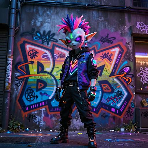 Digital art of a punk goblin with neon pink mohawk, colorful face paint, black leather jacket, and graffiti-laden urban background.
