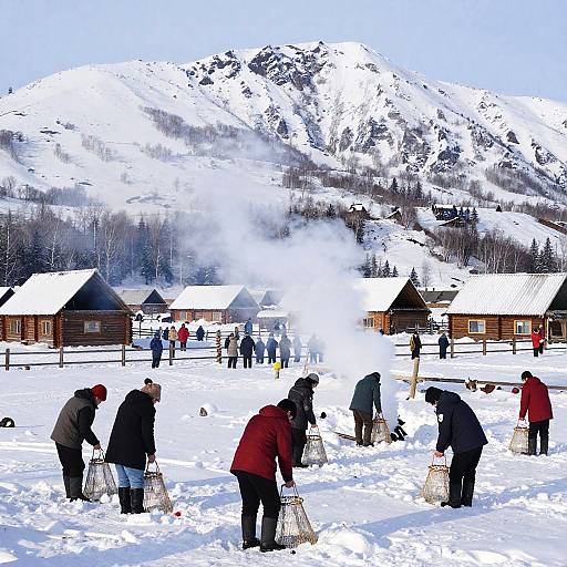 Photograph of people in winter clothes digging in snow, with wooden cabins and a snowy mountain range in the background.