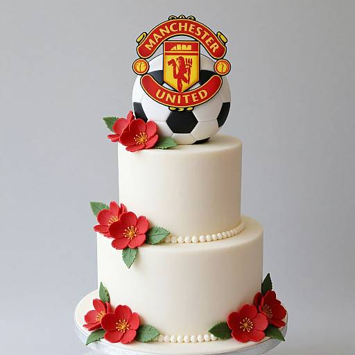 Photograph of a three-tier white fondant cake adorned with red flowers and green leaves, topped with a Manchester United crest and black-and-white soccer ball