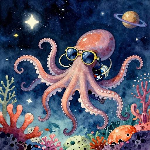 Watercolor illustration of a pink octopus wearing sunglasses, floating in a starry ocean with colorful coral, a planet, and a fish.