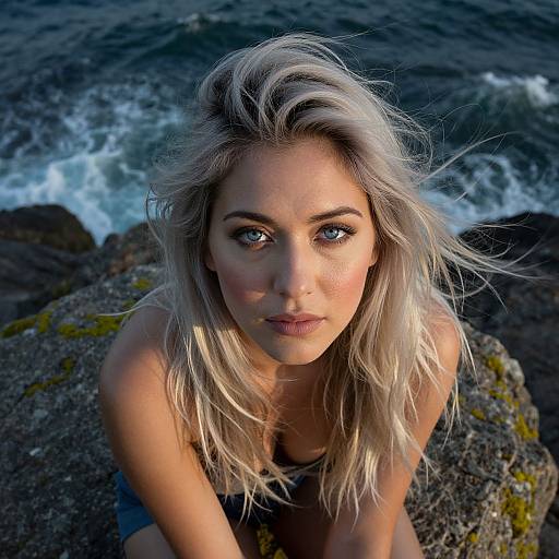 Photograph of a blonde woman with blue eyes, wearing a black top, sitting on rocky shoreline with ocean waves in background.