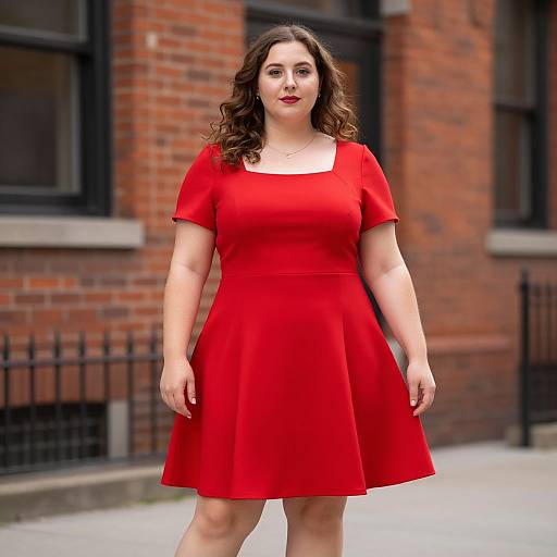 Photograph of a plus-sized woman with fair skin and curly brown hair, wearing a bright red, short-sleeved, A-line dress, standing