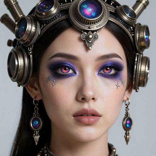 Photorealistic digital portrait of a woman with pale skin, dark blue and purple galaxy-eye makeup, wearing a steampunk headpiece with blue gem