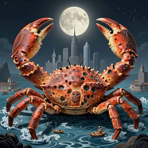 Digital artwork: Giant, red, spiked crab with glowing eyes stands in turbulent water under full moon, with a city skyline in the background and small boats