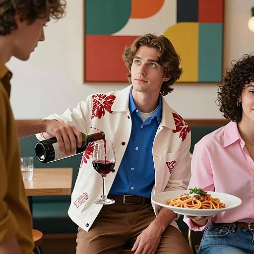 Friends Enjoying Wine and Pasta in Restaurant