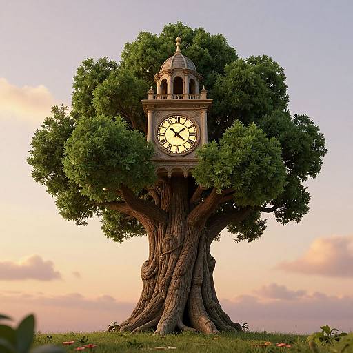 Photograph of a surreal tree with a vintage clock tower integrated into its trunk, set against a pastel sunset sky.