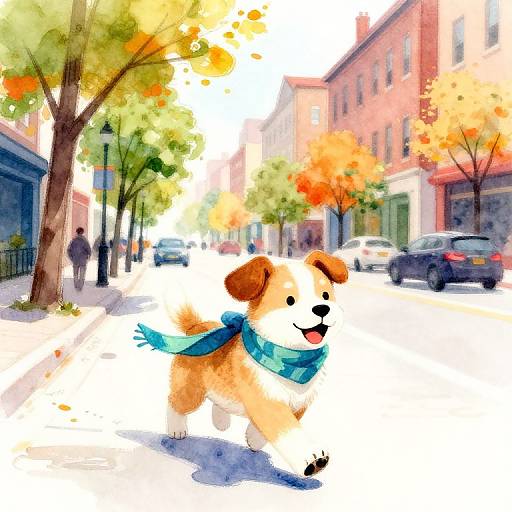 Happy Puppy in Urban Watercolor Scene