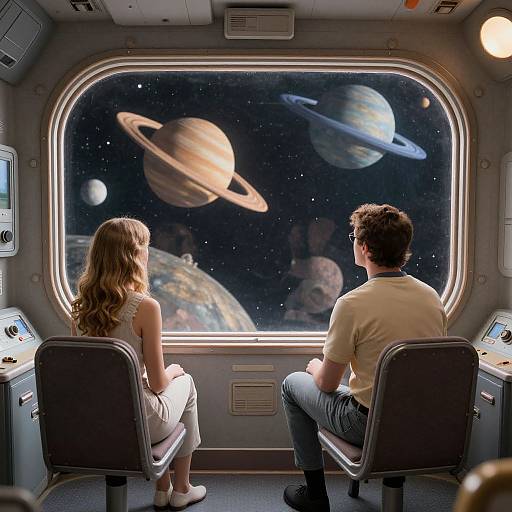 Photograph of a man and woman in a spaceship cabin, gazing at a starry window showing three planets with rings.