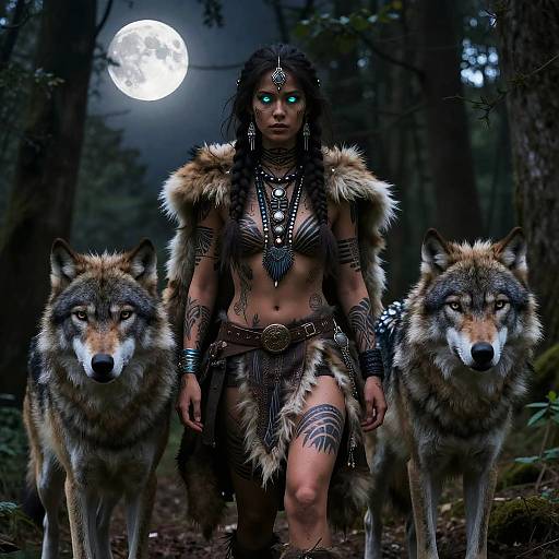 Digital artwork of a fierce, tattooed woman with glowing blue eyes, wearing tribal fur and metal jewelry, walking between two wolves in a dark, moon