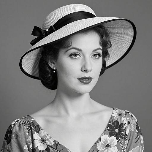 Black-and-white photograph of a vintage-style woman with short, wavy hair, wearing a wide-brimmed hat with a black ribbon, floral dress