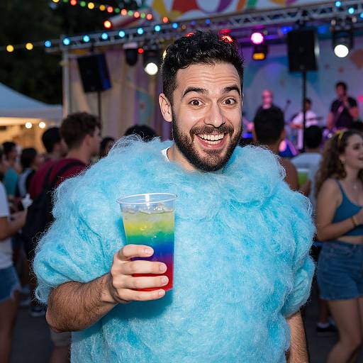 Photograph of a smiling man with dark hair and beard, wearing a blue fuzzy shirt, holding a colorful drink, in a lively, brightly-lit