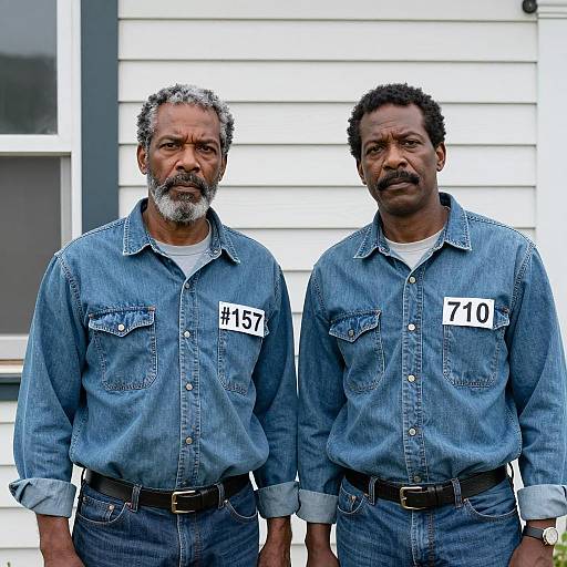 Two Men in Denim Shirts by House