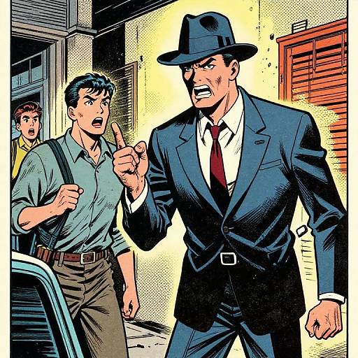 Comic-style drawing of a fierce, mustachioed man in a blue suit and fedora pointing aggressively at a shocked man in a gray shirt and