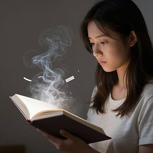 Photograph of a focused Asian woman with long black hair, wearing a white t-shirt, reading an open book emitting magical blue smoke and floating white pages