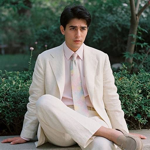 Man in Pastel Suit in Serene Garden