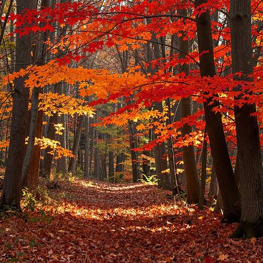 Photograph of a forest path lined with tall trees, covered in vibrant red and orange autumn leaves, and a carpet of fallen leaves. Sunlight filters