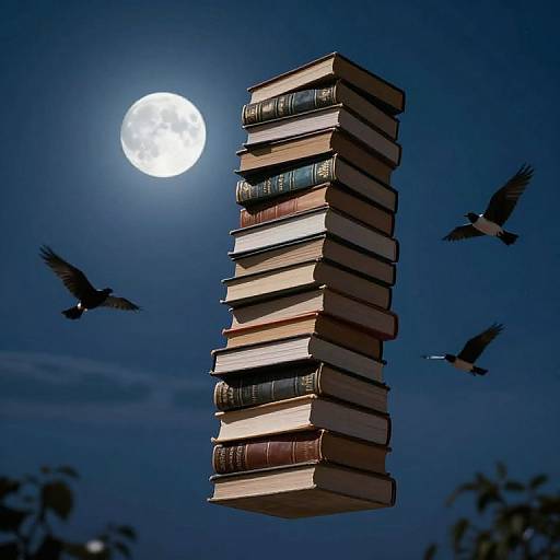 Photograph of a tall, floating stack of vintage books under a full moon, with three black birds flying nearby.