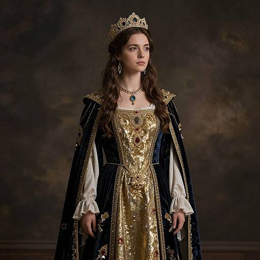 Photograph of a young woman in a regal, gold-embroidered gown with a black velvet cape, gold crown, and green gemstone