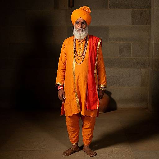 Photograph of an elderly Indian man with a white beard, wearing an orange turban, orange traditional outfit, gold jewelry, and brown sandals, standing