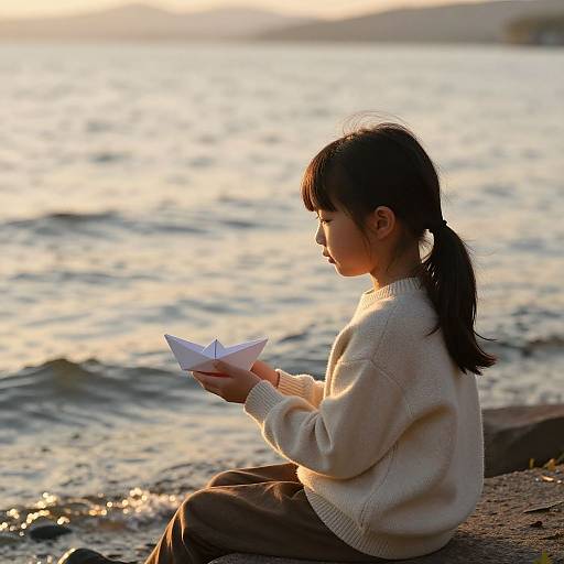 Photograph of an Asian girl with black pigtails, wearing a white sweater, sitting by a sunlit, shimmering lake, focused on a