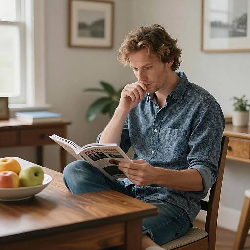 Casual Man Reading in Dining Room