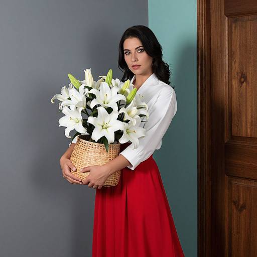 Photograph of a brunette woman with fair skin, wearing a white blouse and red skirt, holding a woven basket filled with white lilies, standing beside
