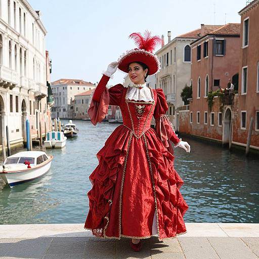 Photograph of a woman in a vivid red, ruffled Victorian-style dress and feathered hat, standing on a Venice canal, with boats and historic