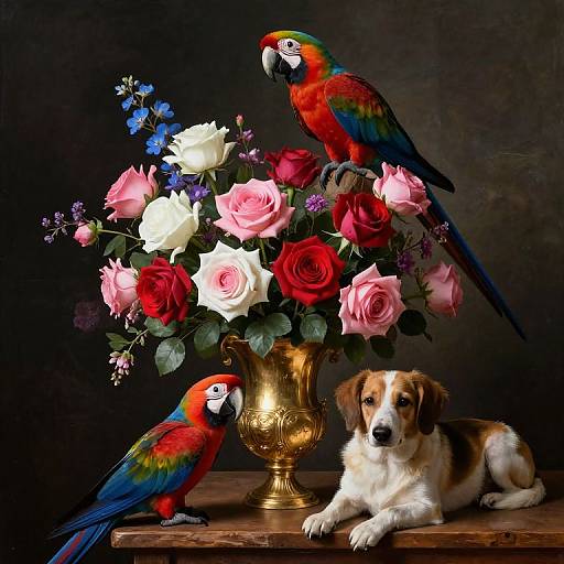 Classical Still Life with Vase and Macaws