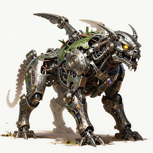 Digital illustration of a fierce, black, robotic dragon with glowing yellow eyes, sharp claws, and green mechanical armor, standing on all fours against a white