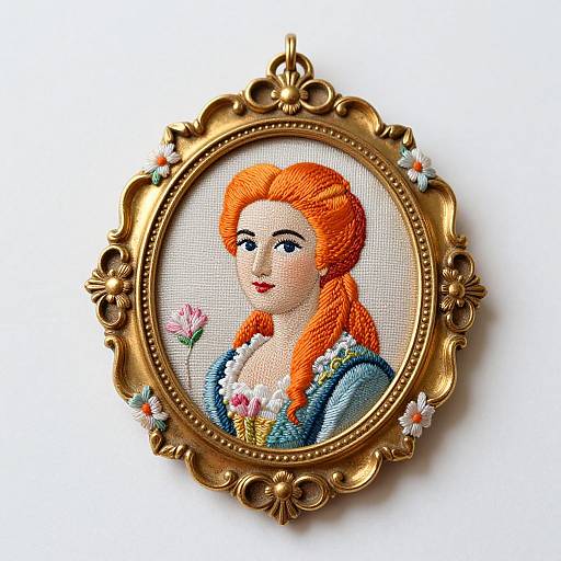 Vintage-style cross-stitch portrait of a red-haired woman with blue dress, pink flowers, in an ornate gold oval frame.