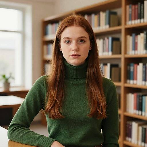 Photograph of a young woman with long, straight auburn hair, wearing a green turtleneck sweater, standing in a brightly lit library with