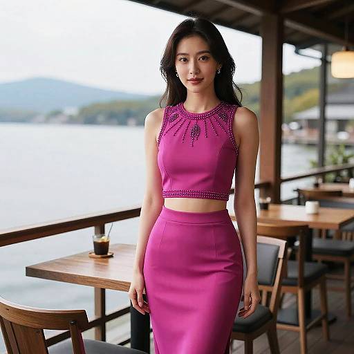 Photograph of an Asian woman with long black hair, wearing a pink crop top and matching high-waisted skirt, standing indoors by a waterfront window