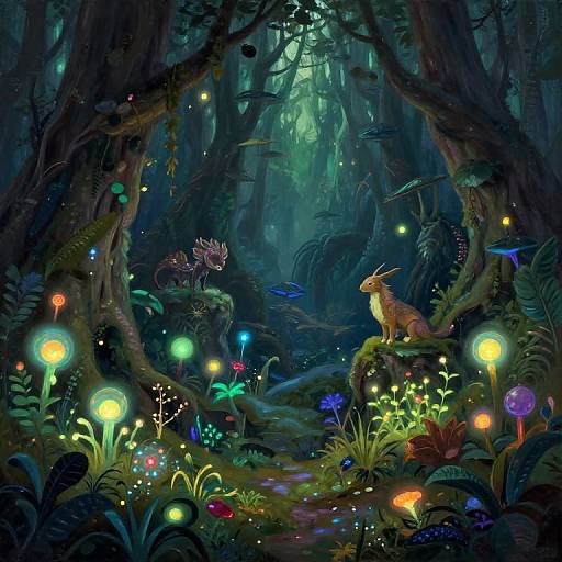 Digital fantasy artwork of a luminous forest at night, featuring a glowing deer, colorful mushrooms, bioluminescent plants, and enchanted trees.