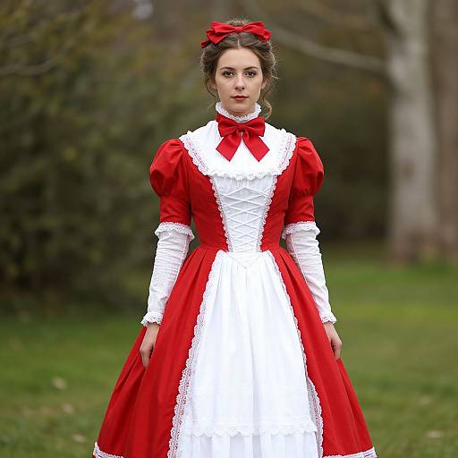 Victorian Woman in Red and White Dress
