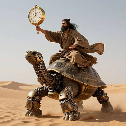 Photograph of a bearded man with long black hair riding a robotic turtle in a desert, holding a vintage clock in his right hand.