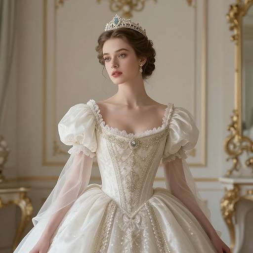 Photorealistic digital art of a fair-skinned, brunette princess in an elegant white, puffed-sleeve ball gown with intricate embroidery, wearing