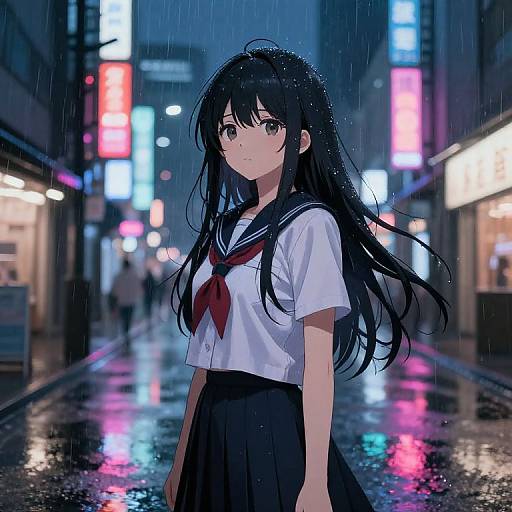 Anime-style digital artwork of a black-haired girl in a white sailor uniform and black skirt, standing in a rain-soaked neon-lit city street at