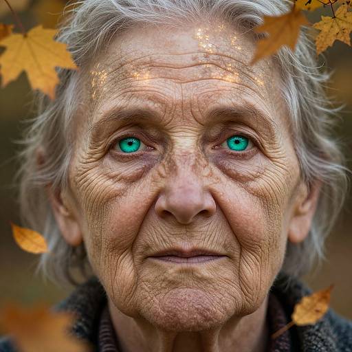 Close-up photograph of an elderly woman with wrinkled skin, silver hair, and striking turquoise eyes, surrounded by autumn leaves.