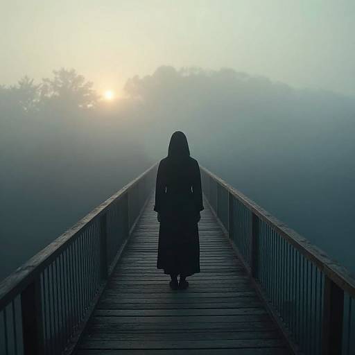 Mysterious Figure on Foggy Bridge