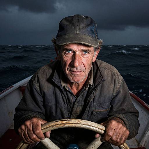 Photograph of an elderly, weathered man with piercing blue eyes, wearing a dark, worn cap and jacket, gripping a boat's steering wheel amid