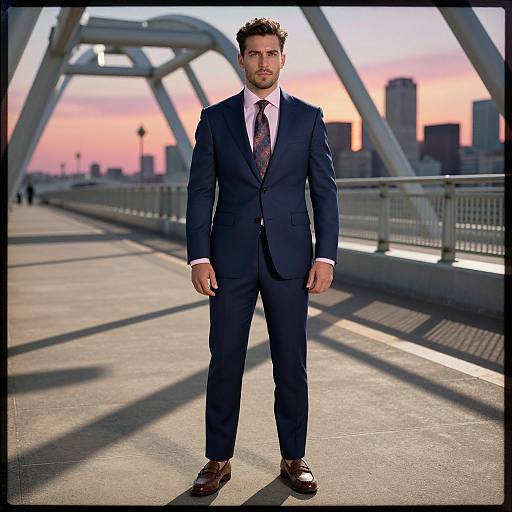 Photograph of a tall, handsome man with short brown hair and a beard, wearing a dark blue suit, white shirt, and brown shoes, standing