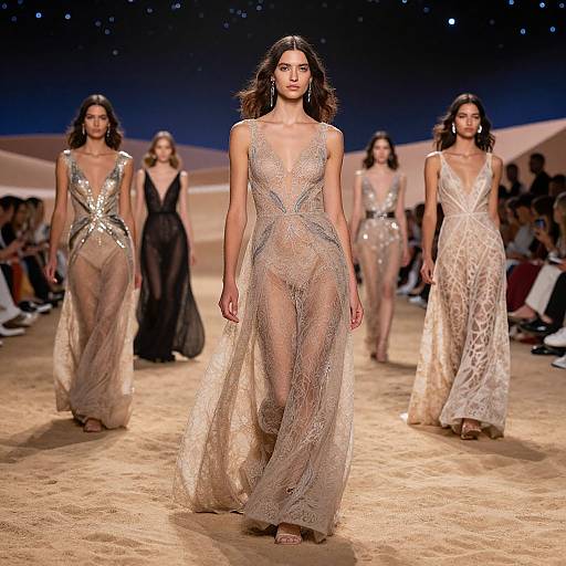 Photograph of a fashion runway show featuring a model in a sheer, silver lace dress with a deep V-neck, surrounded by six other models in similar