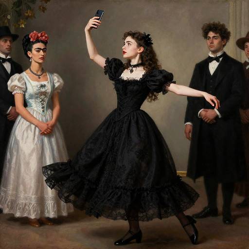 Victorian-era photograph: A woman in a black lace dress and flowered hairpiece takes a selfie, while three men in black suits and a woman